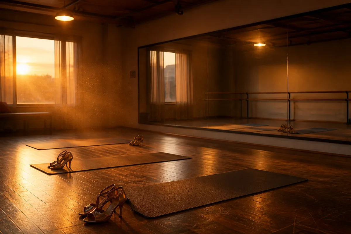 Groupe en échauffement au sol avant de chausser les talons dans une salle de danse