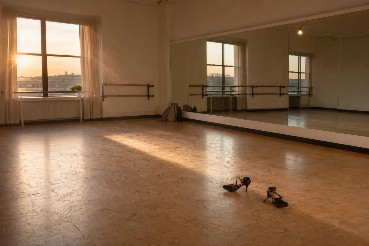 Groupe travaillant une marche en talons face au miroir dans une salle de danse