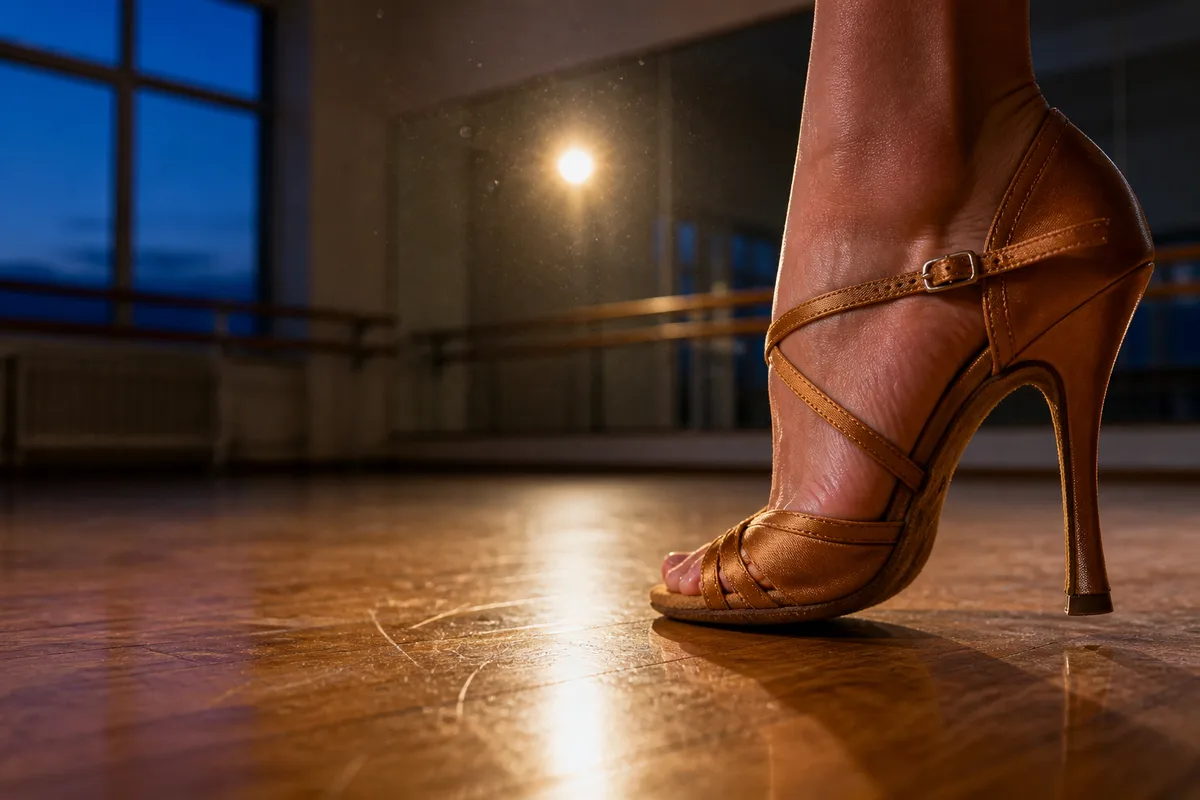 Danseuse en appui sur l&rsquo;avant-pied, chaussure à talon, travail de placement en studio