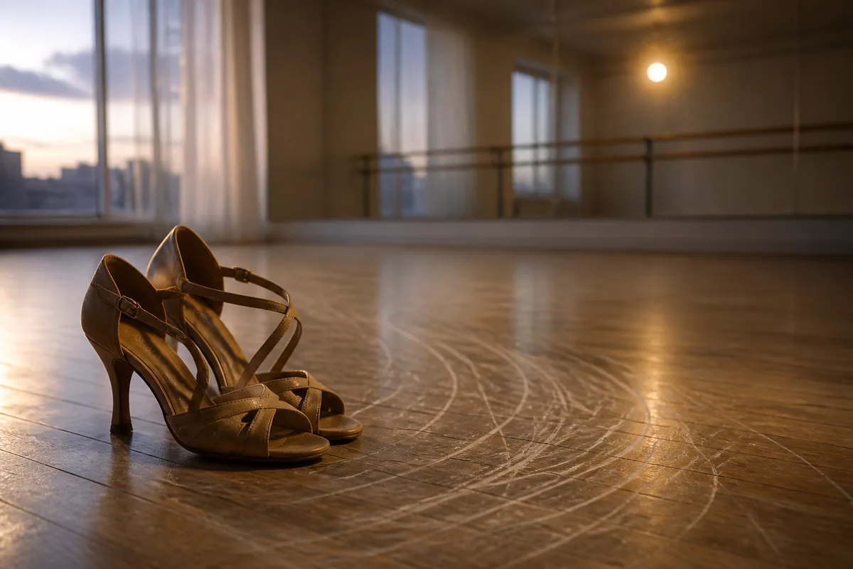 Danseuse en talons répétant une phrase chorégraphique dans un studio à la lumière rasante