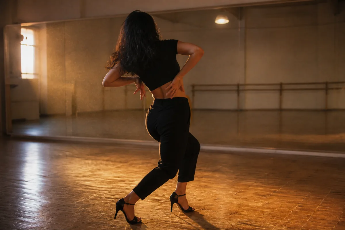 Danseuse travaillant une isolation de buste en talons dans une salle de répétition