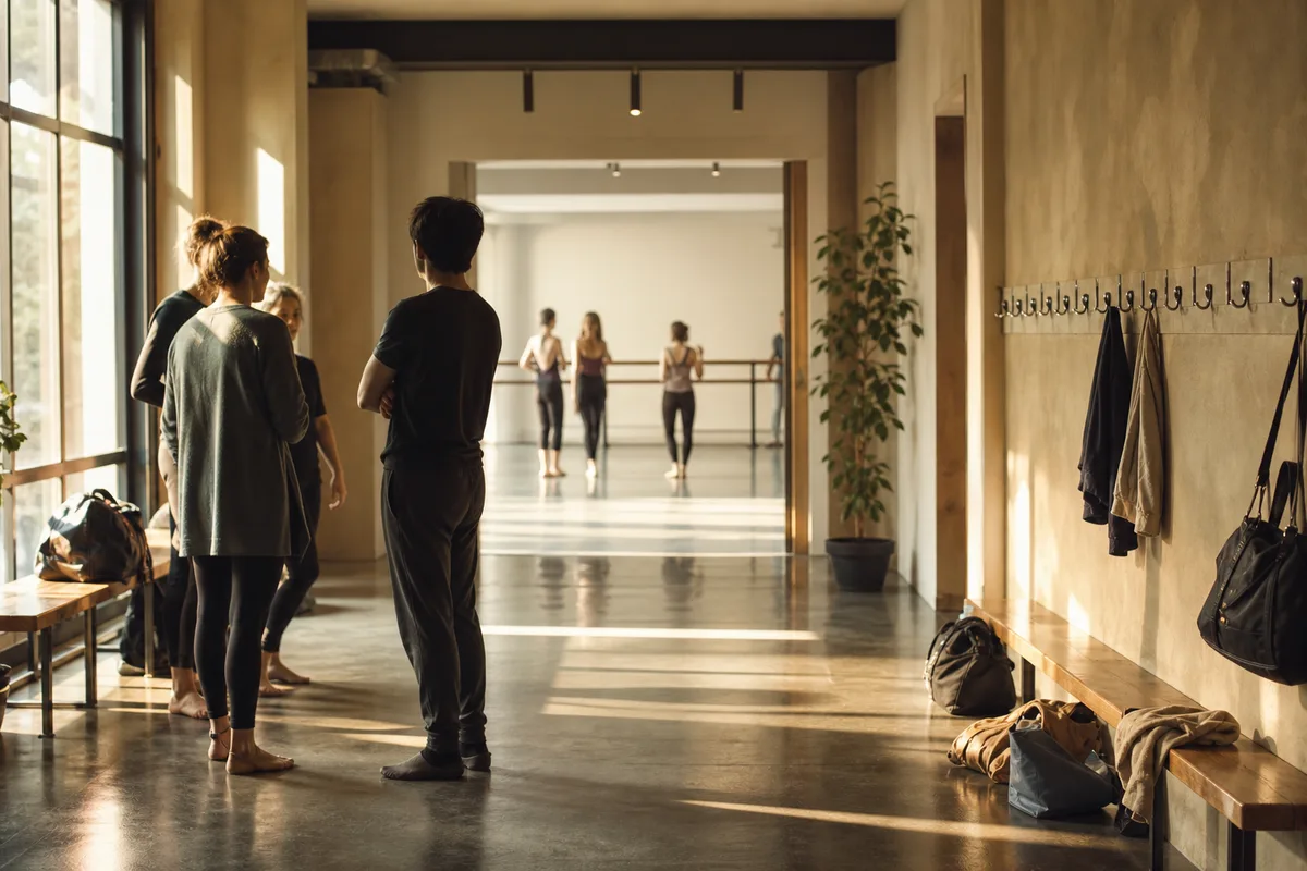 Discussion avant une séance d&rsquo;essai dans le hall d&rsquo;une salle de danse